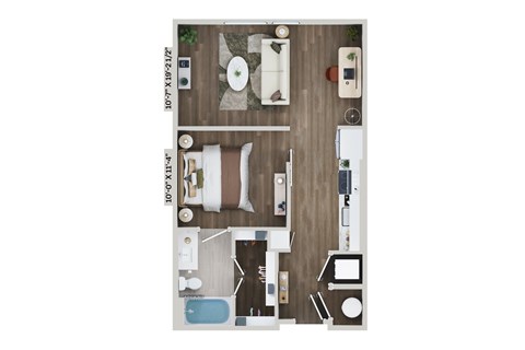 Floor plan for 1 bed, 1 bath, 652 sqft